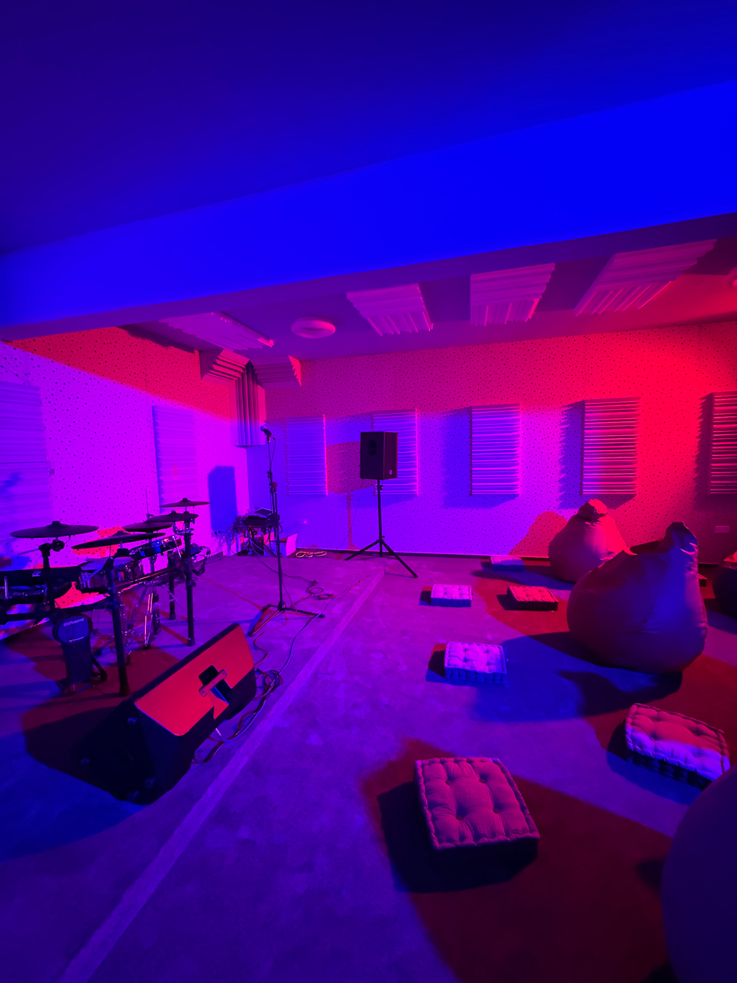 Hall in neon blue and red light